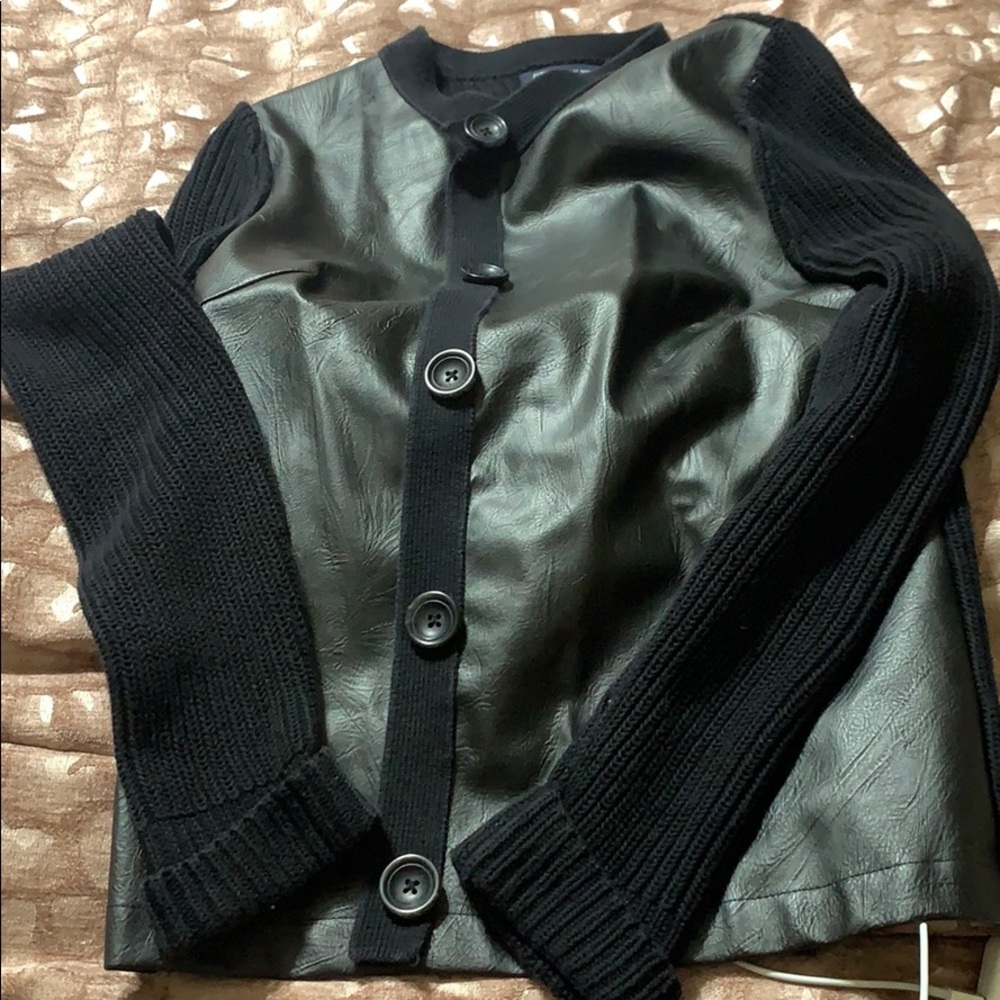Black leather and knitted button jacket/cardigan